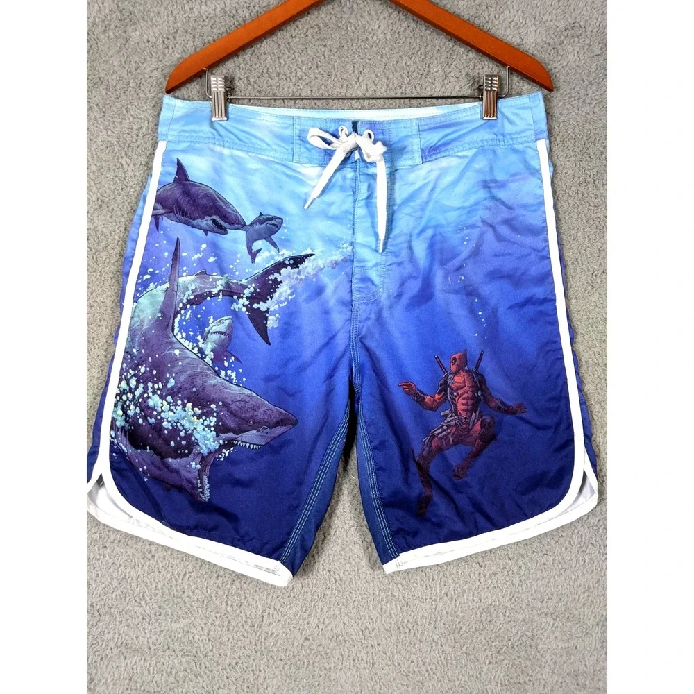 Marvel Deadpool Sharks Swim Board Shorts Mens M Blue Graphic Print Beach Surfer